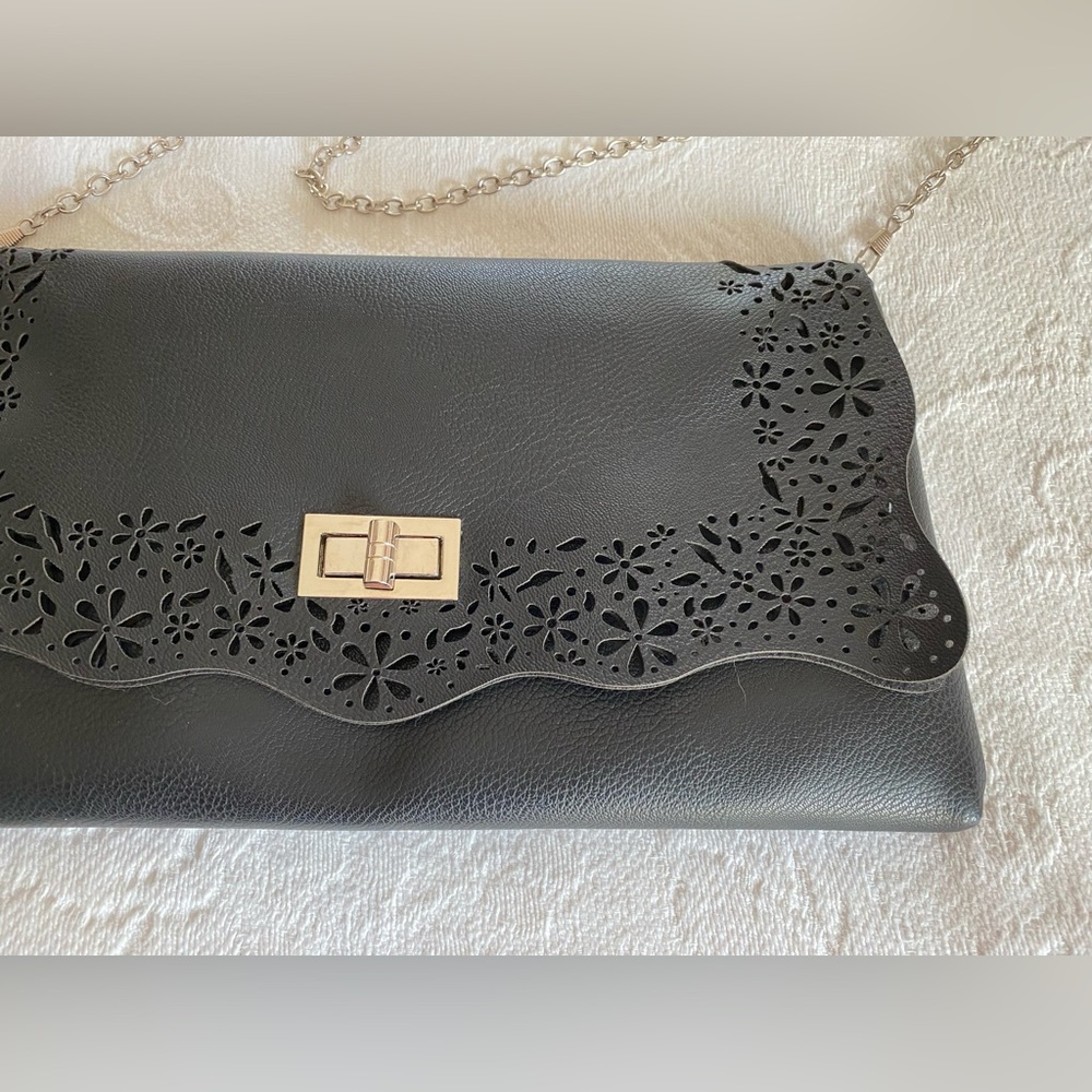 NWT Faux Leather Bag Laser Cut Black with Detachable Chain Crossbody or Clutch